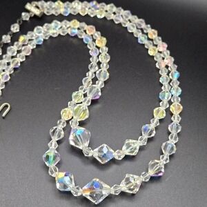 Vtg 2-Strand Aurora Borealis Crystal Bead Necklace Iridescent Faceted‎ Clear AB